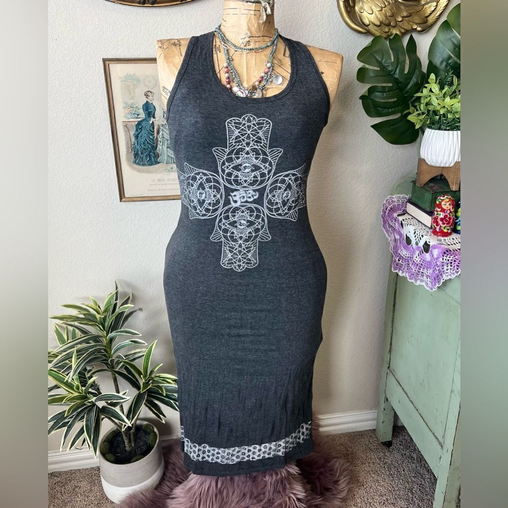 Babu’s Gray Yogi Yoga 100% Cotton Chakara Racerback MIDI Dress‎ Sz S Hippy Boho